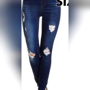 Distressed elastic waste Ripped Jean Jeggings
